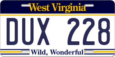 WV license plate DUX228