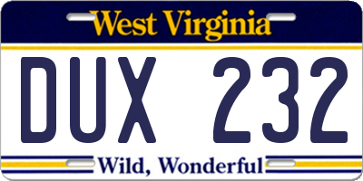 WV license plate DUX232