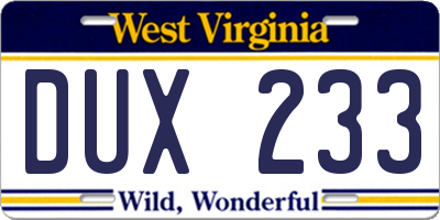 WV license plate DUX233