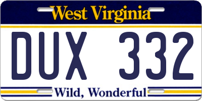 WV license plate DUX332