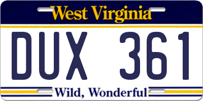 WV license plate DUX361
