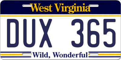 WV license plate DUX365