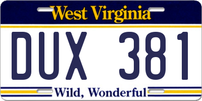WV license plate DUX381