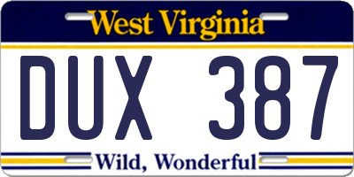 WV license plate DUX387
