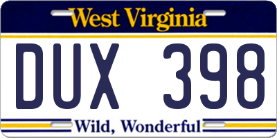 WV license plate DUX398
