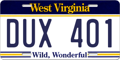 WV license plate DUX401