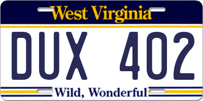 WV license plate DUX402