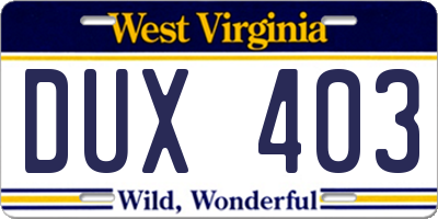 WV license plate DUX403