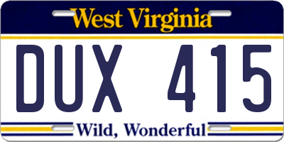 WV license plate DUX415
