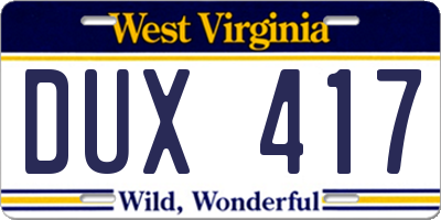 WV license plate DUX417