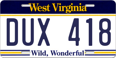 WV license plate DUX418