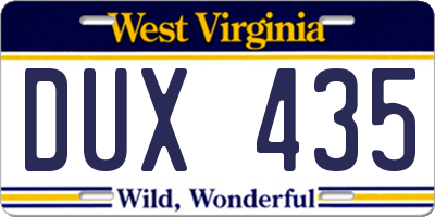 WV license plate DUX435