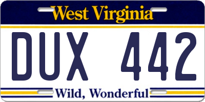 WV license plate DUX442