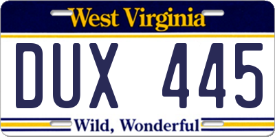 WV license plate DUX445