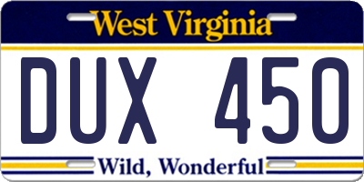 WV license plate DUX450