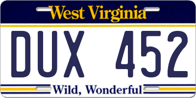 WV license plate DUX452