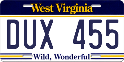 WV license plate DUX455