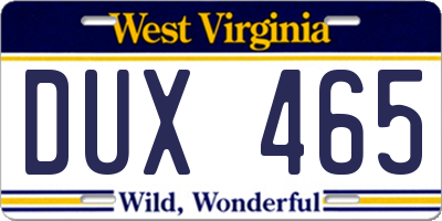 WV license plate DUX465