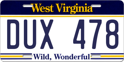WV license plate DUX478