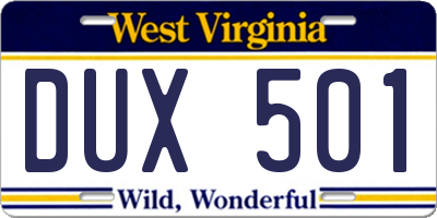 WV license plate DUX501