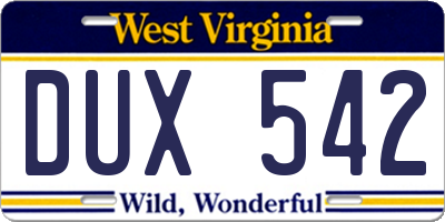 WV license plate DUX542
