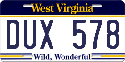 WV license plate DUX578