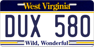 WV license plate DUX580