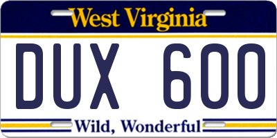 WV license plate DUX600