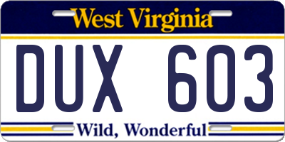 WV license plate DUX603