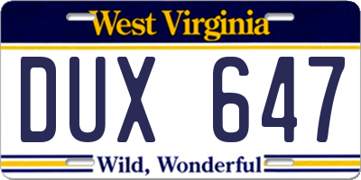 WV license plate DUX647