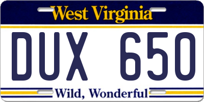 WV license plate DUX650