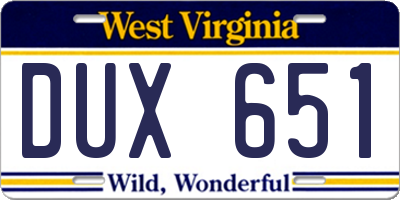WV license plate DUX651
