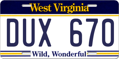 WV license plate DUX670