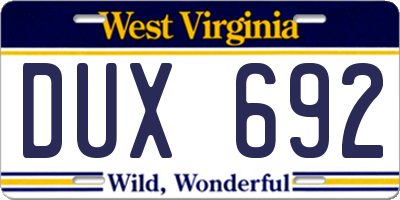 WV license plate DUX692