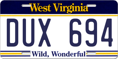 WV license plate DUX694