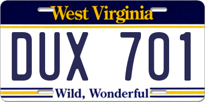 WV license plate DUX701