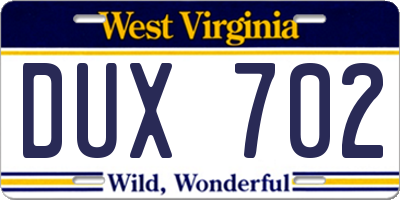 WV license plate DUX702