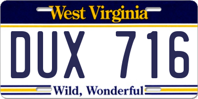 WV license plate DUX716