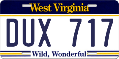 WV license plate DUX717