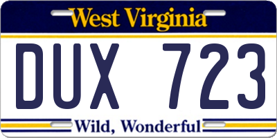 WV license plate DUX723