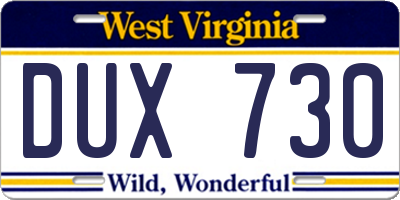 WV license plate DUX730