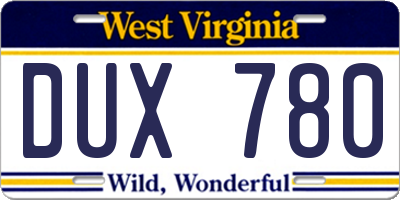 WV license plate DUX780