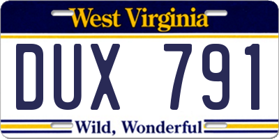 WV license plate DUX791
