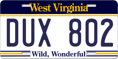 WV license plate DUX802