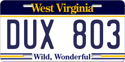 WV license plate DUX803