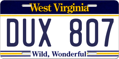 WV license plate DUX807