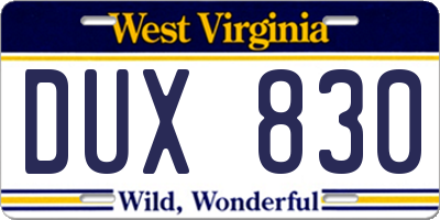 WV license plate DUX830