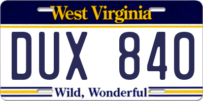 WV license plate DUX840