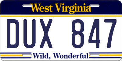 WV license plate DUX847