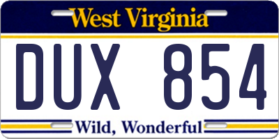 WV license plate DUX854
